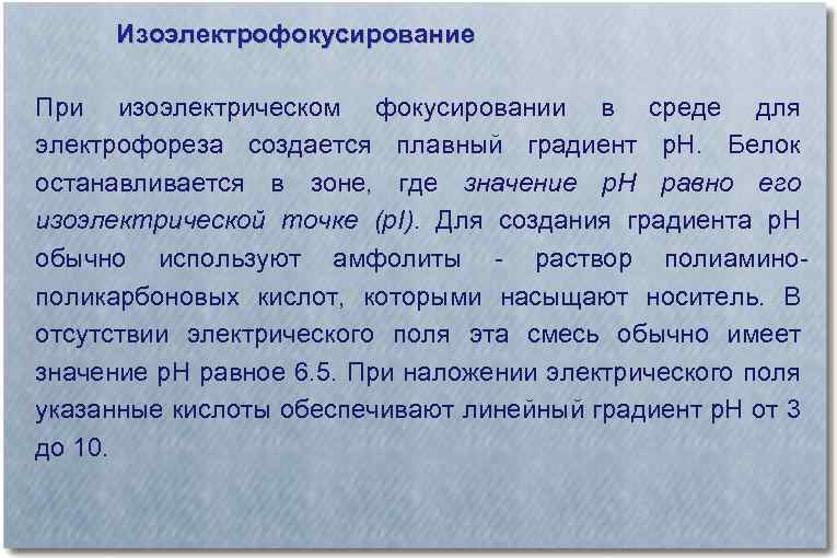 Изоэлектрофокусирование При изоэлектрическом фокусировании в среде для электрофореза создается плавный градиент р. Н. Белок