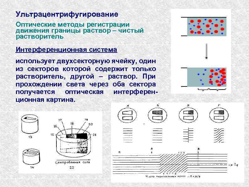 Ультрацентрифугирование Оптические методы регистрации движения границы раствор – чистый растворитель Интерференционная система использует двухсекторную