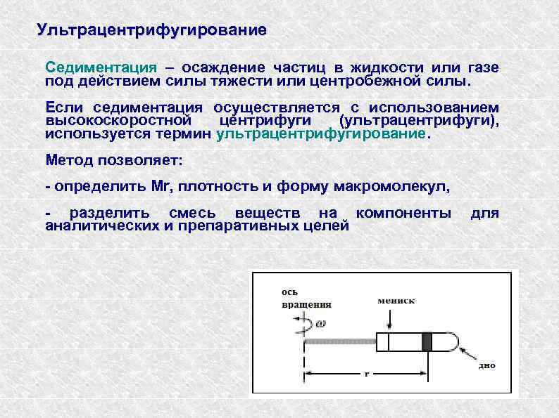 Ультрацентрифугирование Седиментация – осаждение частиц в жидкости или газе под действием силы тяжести или