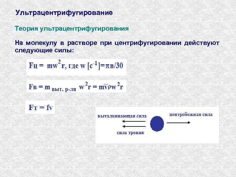 Ультрацентрифугирование Теория ультрацентрифугирования На молекулу в растворе при центрифугировании действуют следующие силы: 