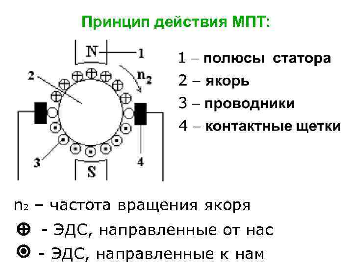 Принцип действия МПТ: n 2 – частота вращения якоря - ЭДС, направленные от нас