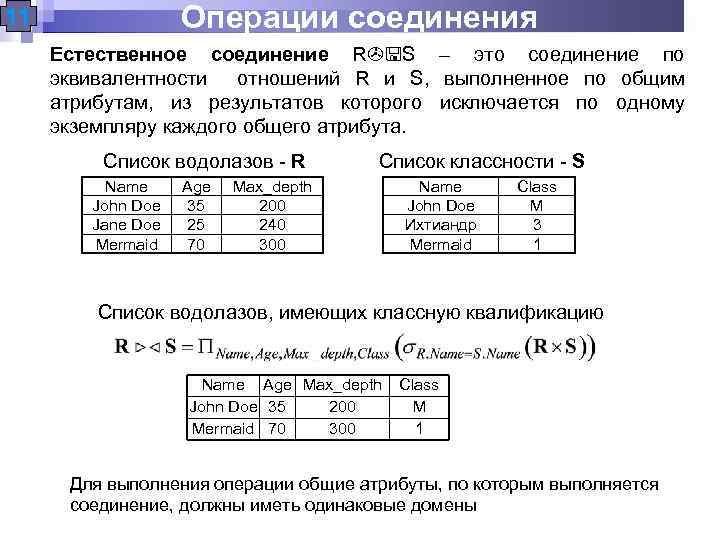 Операции соединения 11 Естественное соединение R S – это соединение по эквивалентности отношений R