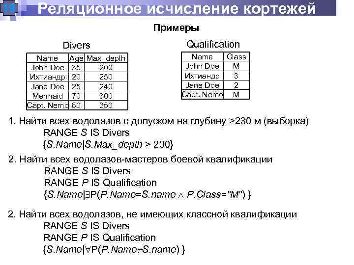 19 Реляционное исчисление кортежей Примеры Divers Qualification Name Age Max_depth John Doe 35 200