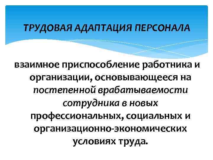 ТРУДОВАЯ АДАПТАЦИЯ ПЕРСОНАЛА взаимное приспособление работника и организации, основывающееся на постепенной врабатываемости сотрудника в