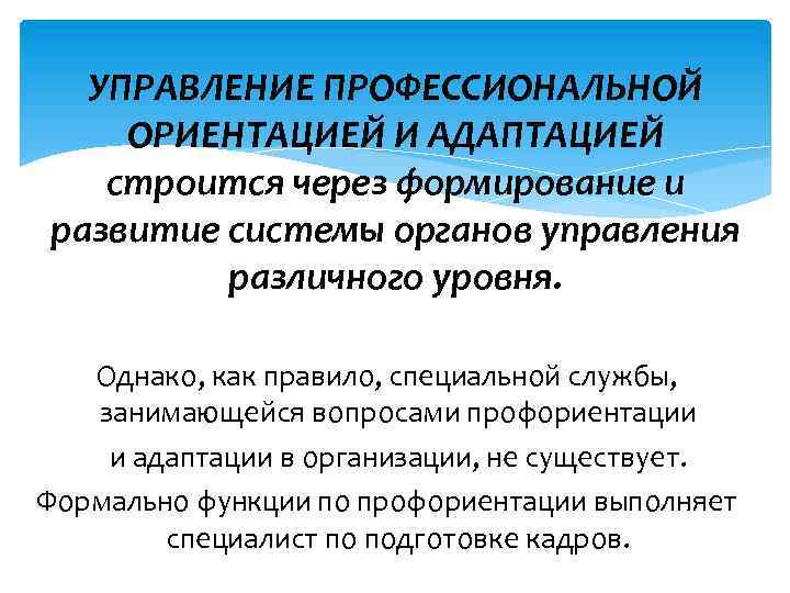 УПРАВЛЕНИЕ ПРОФЕССИОНАЛЬНОЙ ОРИЕНТАЦИЕЙ И АДАПТАЦИЕЙ строится через формирование и развитие системы органов управления различного