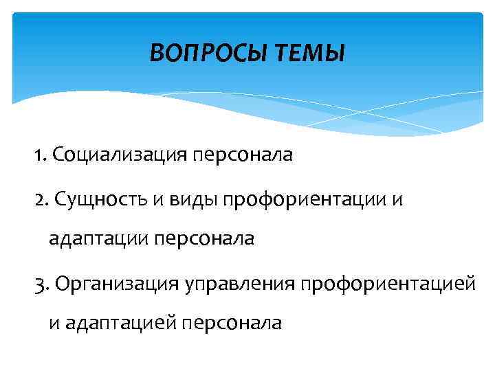 ВОПРОСЫ ТЕМЫ 1. Социализация персонала 2. Сущность и виды профориентации и адаптации персонала 3.