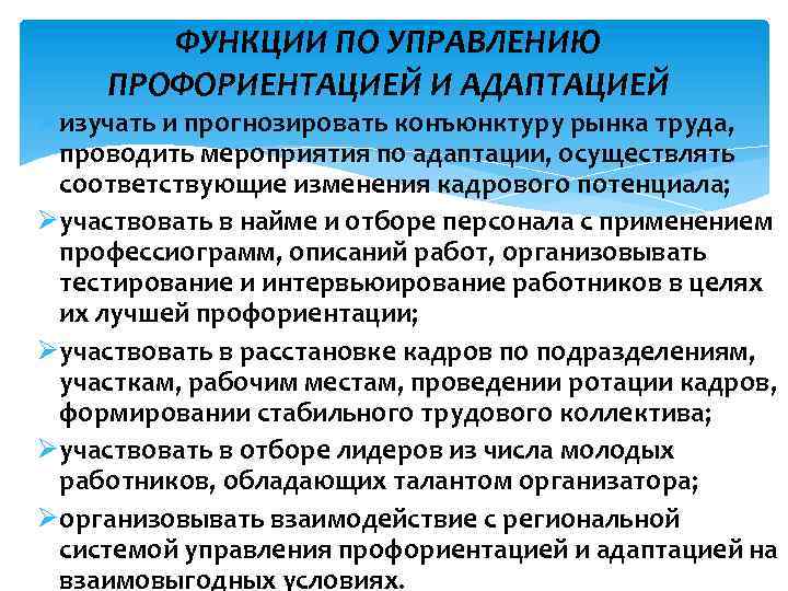 Управление профессиональной ориентацией. Виды профориентации и адаптации персонала. Задачи системы адаптации персонала.