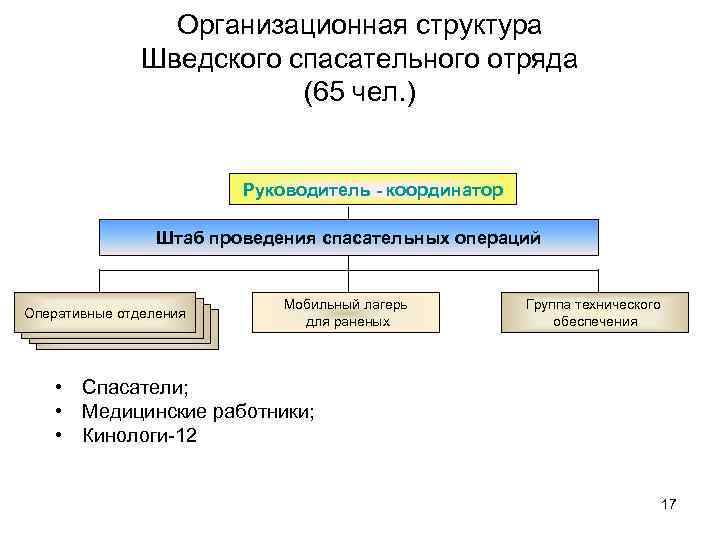 Организационная структура Шведского спасательного отряда (65 чел. ) Руководитель - координатор Штаб проведения спасательных