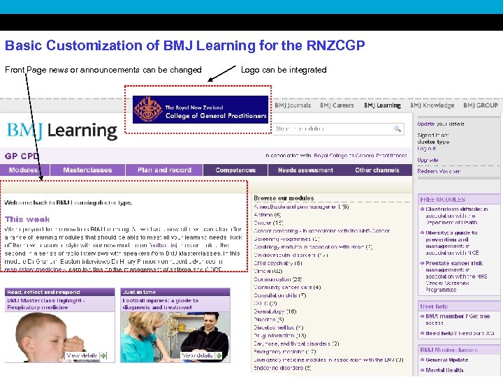Basic Customization of BMJ Learning for the RNZCGP Front Page news or announcements can