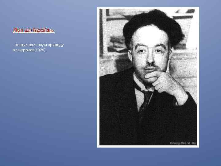Луи де Бройль-открыл волновую природу электронов(1929). 