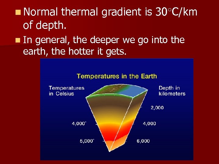 thermal gradient is 30 C/km of depth. n Normal n In general, the deeper
