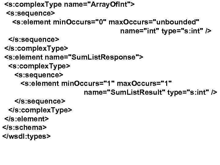 <s: complex. Type name="Array. Of. Int"> <s: sequence> <s: element min. Occurs="0" max. Occurs="unbounded"