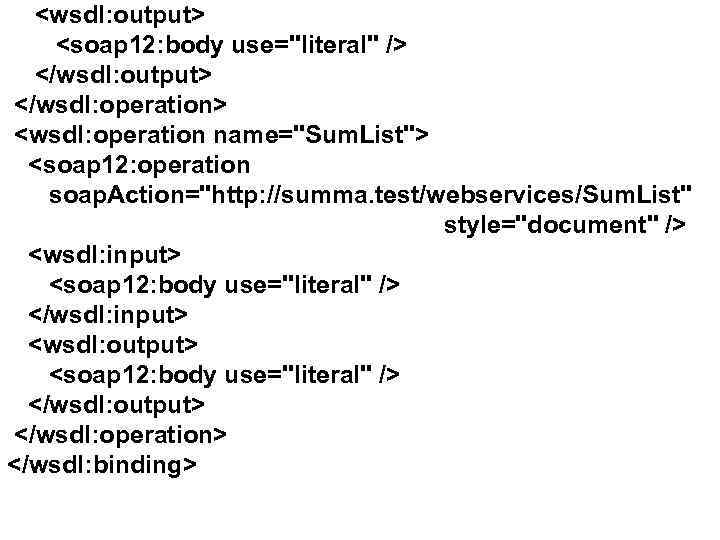 <wsdl: output> <soap 12: body use="literal" /> </wsdl: output> </wsdl: operation> <wsdl: operation name="Sum.