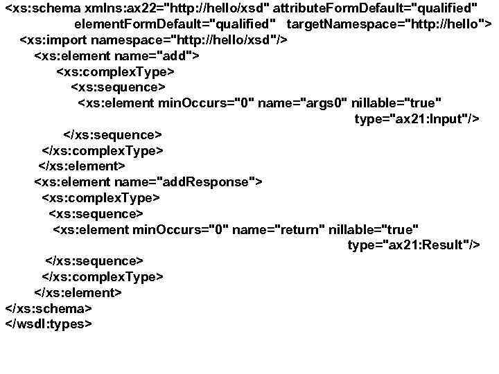 <xs: schema xmlns: ax 22="http: //hello/xsd" attribute. Form. Default="qualified" element. Form. Default="qualified" target. Namespace="http: