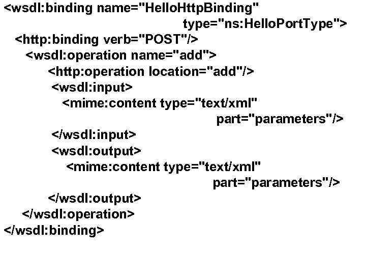 <wsdl: binding name="Hello. Http. Binding" type="ns: Hello. Port. Type"> <http: binding verb="POST"/> <wsdl: operation