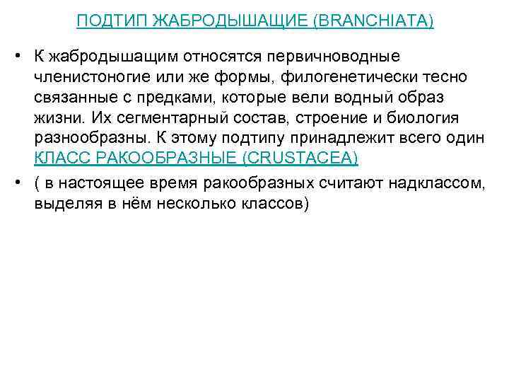 ПОДТИП ЖАБРОДЫШАЩИЕ (BRANCHIATA) • К жабродышащим относятся первичноводные членистоногие или же формы, филогенетически тесно