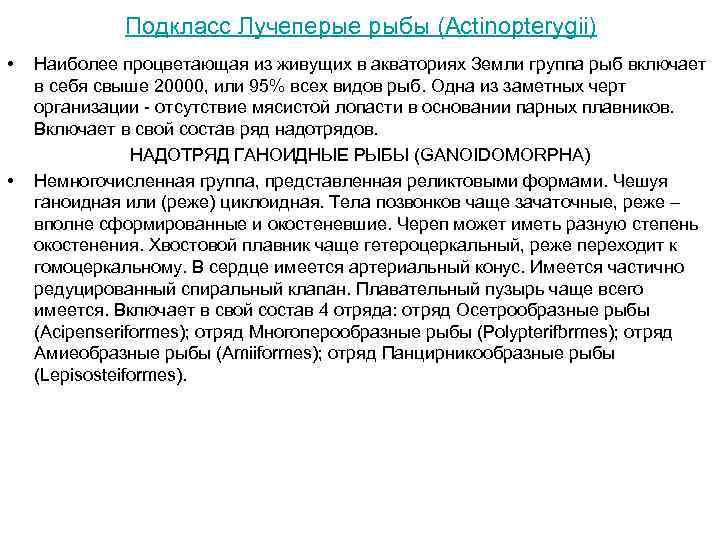 Подкласс Лучеперые рыбы (Actinopterygii) • • Наиболее процветающая из живущих в акваториях Земли группа