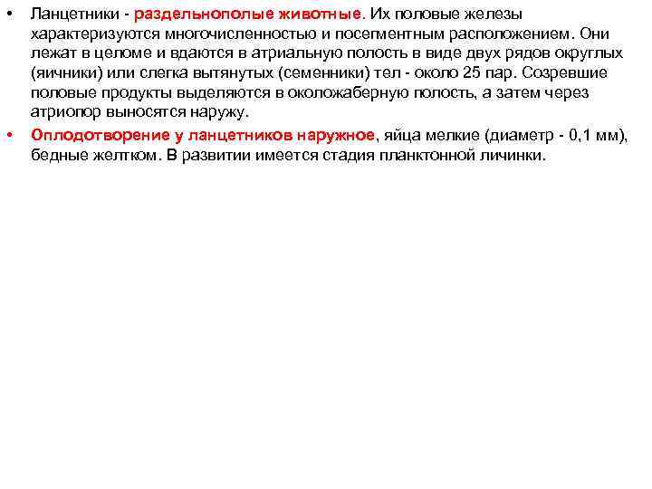  • • Ланцетники - раздельнополые животные. Их половые железы характеризуются многочисленностью и посегментным