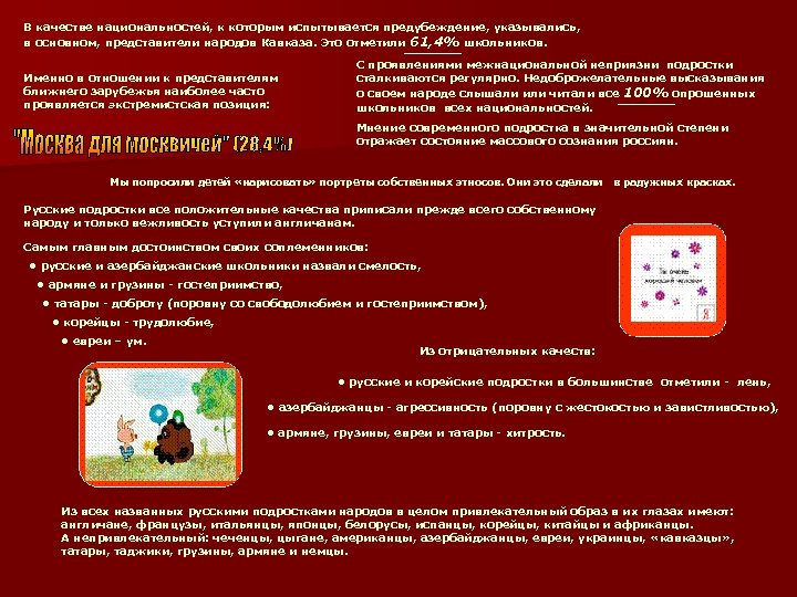 В качестве национальностей, к которым испытывается предубеждение, указывались, в основном, представители народов Кавказа. Это