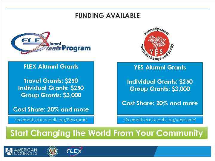 FUNDING AVAILABLE FLEX Alumni Grants YES Alumni Grants Travel Grants: $250 Individual Grants: $250