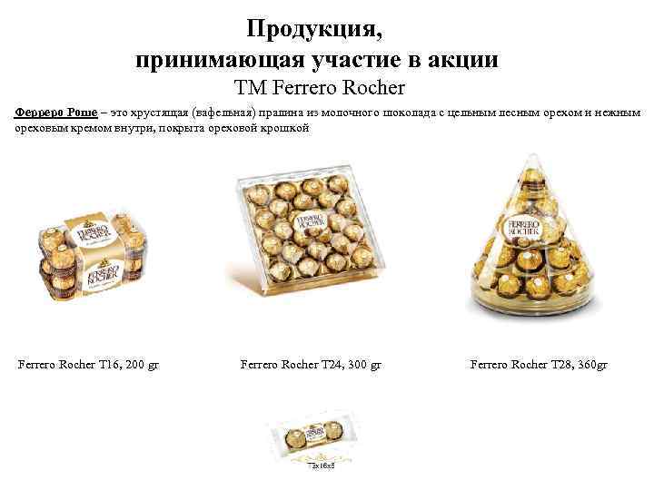 Продукция, принимающая участие в акции ТМ Ferrero Rocher Ферреро Роше – это хрустящая (вафельная)