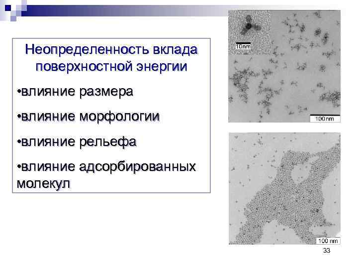 Неопределенность вклада поверхностной энергии • влияние размера • влияние морфологии • влияние рельефа •