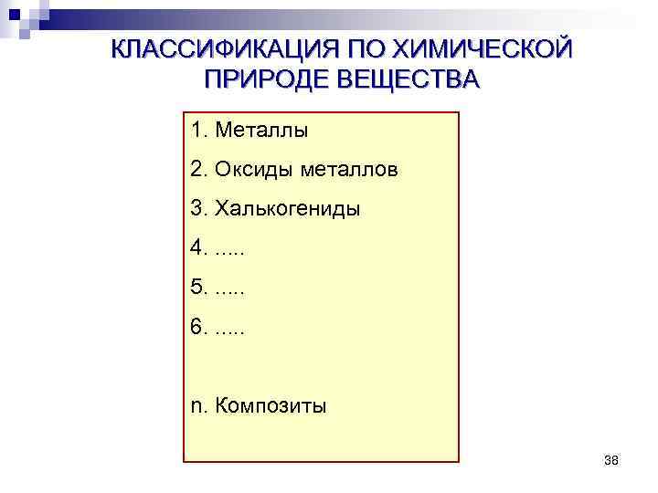КЛАССИФИКАЦИЯ ПО ХИМИЧЕСКОЙ ПРИРОДЕ ВЕЩЕСТВА 1. Металлы 2. Оксиды металлов 3. Халькогениды 4. .