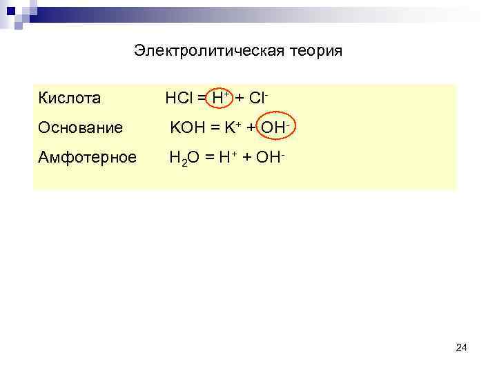 Электролитическая теория Кислота HCl = H+ + Cl- Основание KOH = K+ + OH-