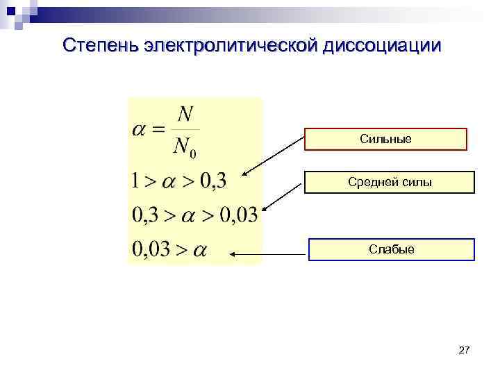 Степень электролитической диссоциации Сильные Средней силы Слабые 27 