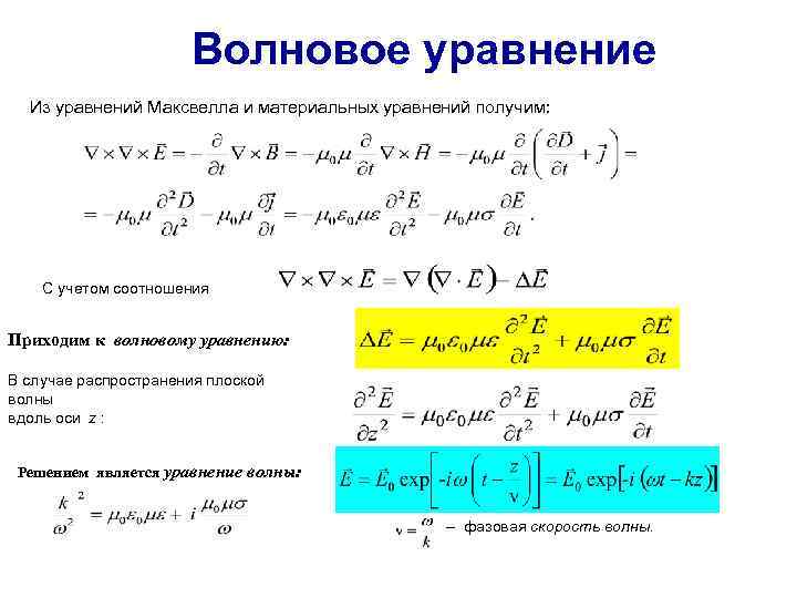 Волновое уравнение Из уравнений Максвелла и материальных уравнений получим: С учетом соотношения Приходим к