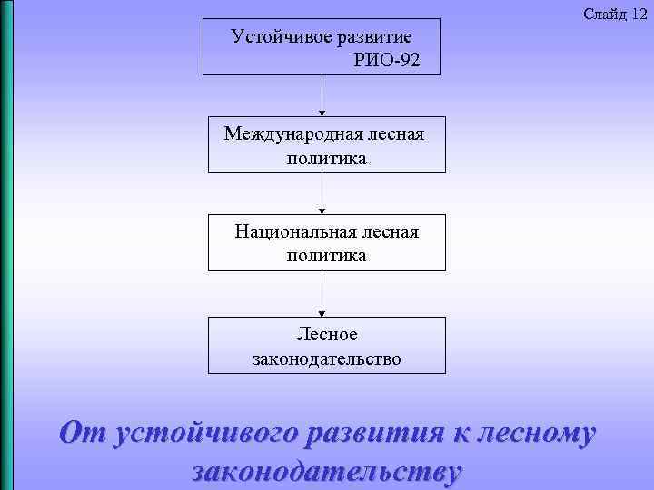 Слайд 12 Устойчивое развитие РИО 92 Международная лесная политика Национальная лесная политика Лесное законодательство
