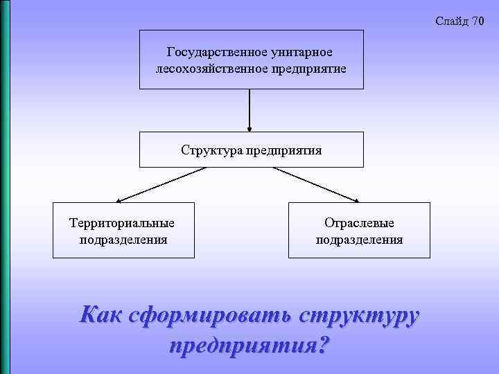 Слайд 70 Государственное унитарное лесохозяйственное предприятие Структура предприятия Территориальные подразделения Отраслевые подразделения Как сформировать