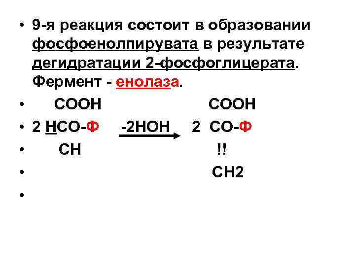  • 9 я реакция состоит в образовании фосфоенолпирувата в результате дегидратации 2 фосфоглицерата.