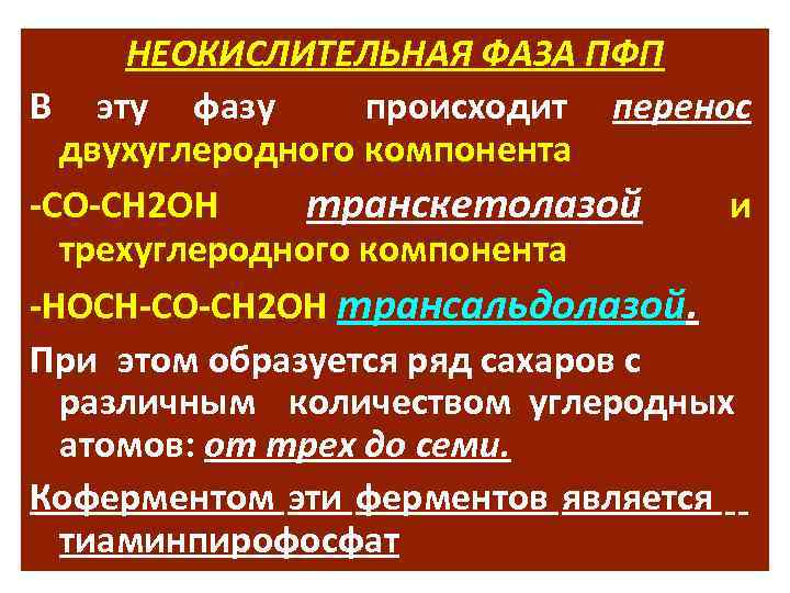 НЕОКИСЛИТЕЛЬНАЯ ФАЗА ПФП В эту фазу происходит перенос двухуглеродного компонента -СО-СН 2 ОН транскетолазой
