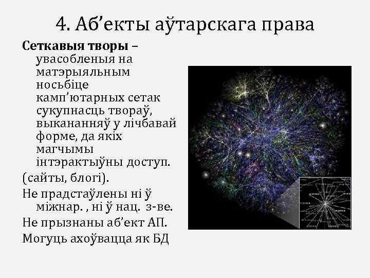 4. Аб’екты аўтарскага права Сеткавыя творы – увасобленыя на матэрыяльным носьбіце камп’ютарных сетак сукупнасць