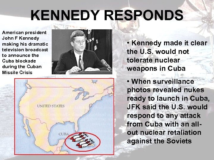 KENNEDY RESPONDS American president John F Kennedy making his dramatic television broadcast to announce