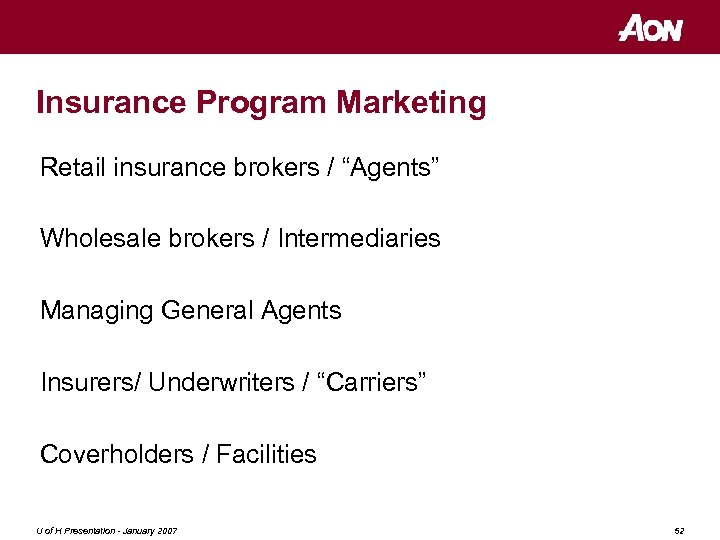 Insurance Program Marketing Retail insurance brokers / “Agents” Wholesale brokers / Intermediaries Managing General