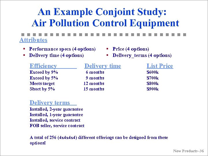 An Example Conjoint Study: Air Pollution Control Equipment Attributes § Performance specs (4 options)