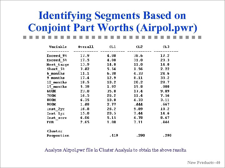 Identifying Segments Based on Conjoint Part Worths (Airpol. pwr) Analyze Airpol. pwr file in
