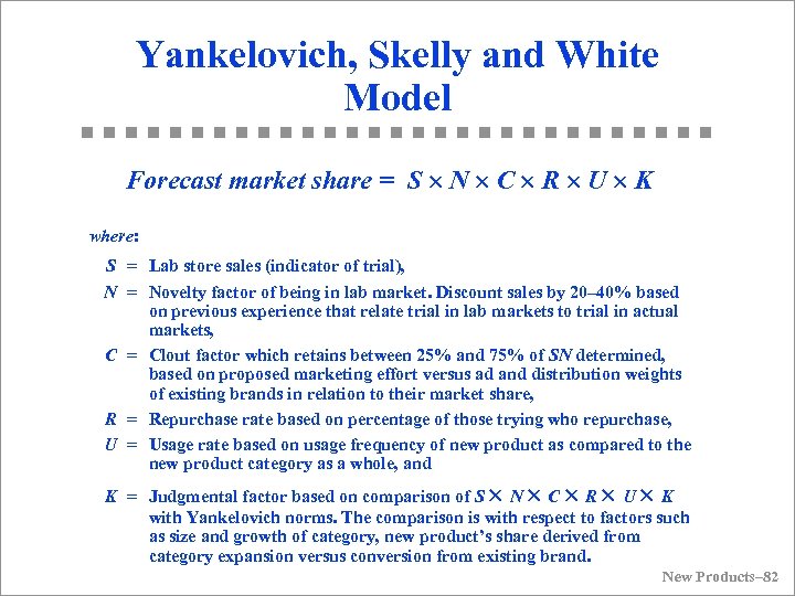 Yankelovich, Skelly and White Model Forecast market share = S N C R U