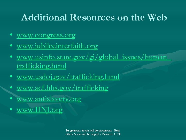 Additional Resources on the Web • www. congress. org • www. jubileeinterfaith. org •