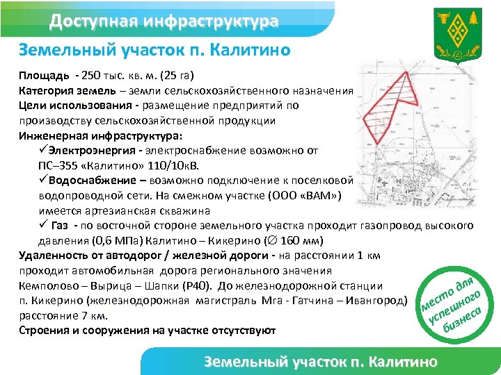 Доступная инфраструктура Земельный участок п. Калитино Площадь - 250 тыс. кв. м. (25 га)