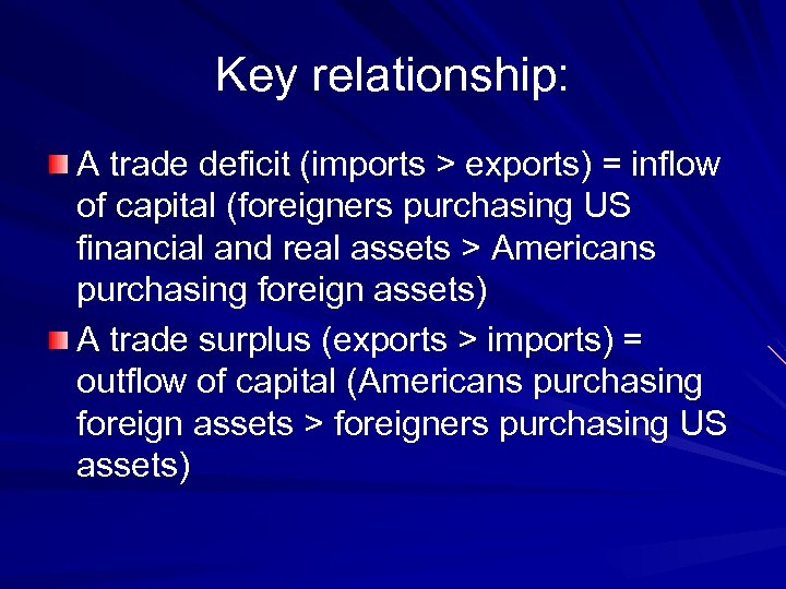 Key relationship: A trade deficit (imports > exports) = inflow of capital (foreigners purchasing