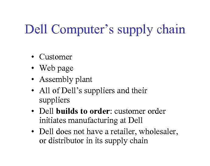 Dell Computer’s supply chain • • Customer Web page Assembly plant All of Dell’s