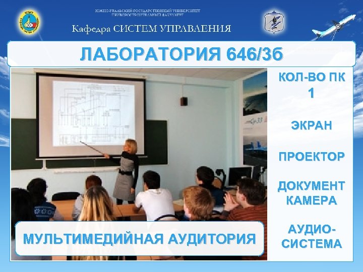 ЛАБОРАТОРИЯ 646/3 б КОЛ-ВО ПК 1 ЭКРАН ПРОЕКТОР ДОКУМЕНТ КАМЕРА МУЛЬТИМЕДИЙНАЯ АУДИТОРИЯ АУДИОСИСТЕМА 