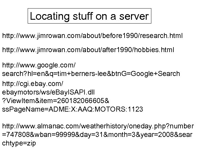 Locating stuff on a server http: //www. jimrowan. com/about/before 1990/research. html http: //www. jimrowan.