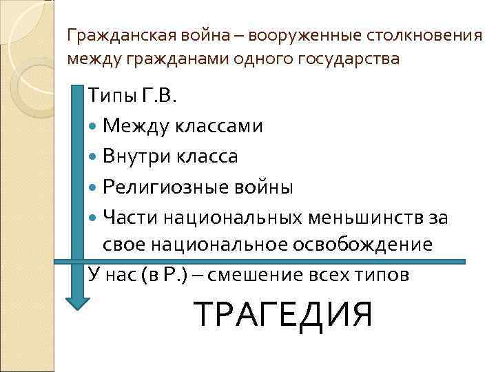 Гражданская война – вооруженные столкновения между гражданами одного государства Типы Г. В. Между классами