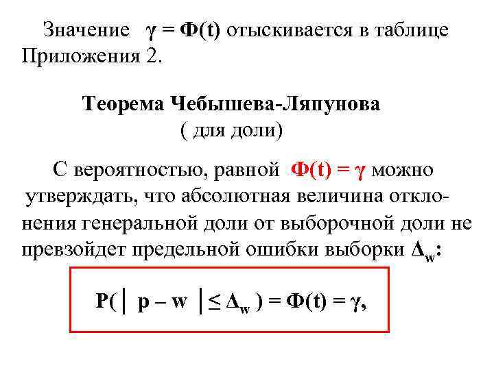 Значение γ = Ф(t) отыскивается в таблице Приложения 2. Теорема Чебышева-Ляпунова ( для доли)