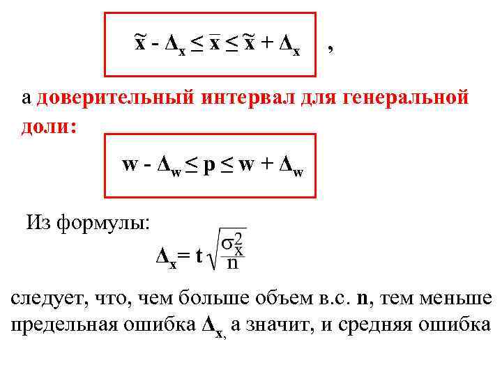 ~-Δ ≤x≤~ +Δ x х , a доверительный интервал для генеральной доли: w -