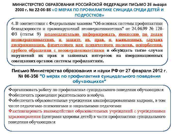 МИНИСТЕРСТВО ОБРАЗОВАНИЯ РОССИЙСКОЙ ФЕДЕРАЦИИ ПИСЬМО 26 января 2000 г. № 22 -06 -86 «О
